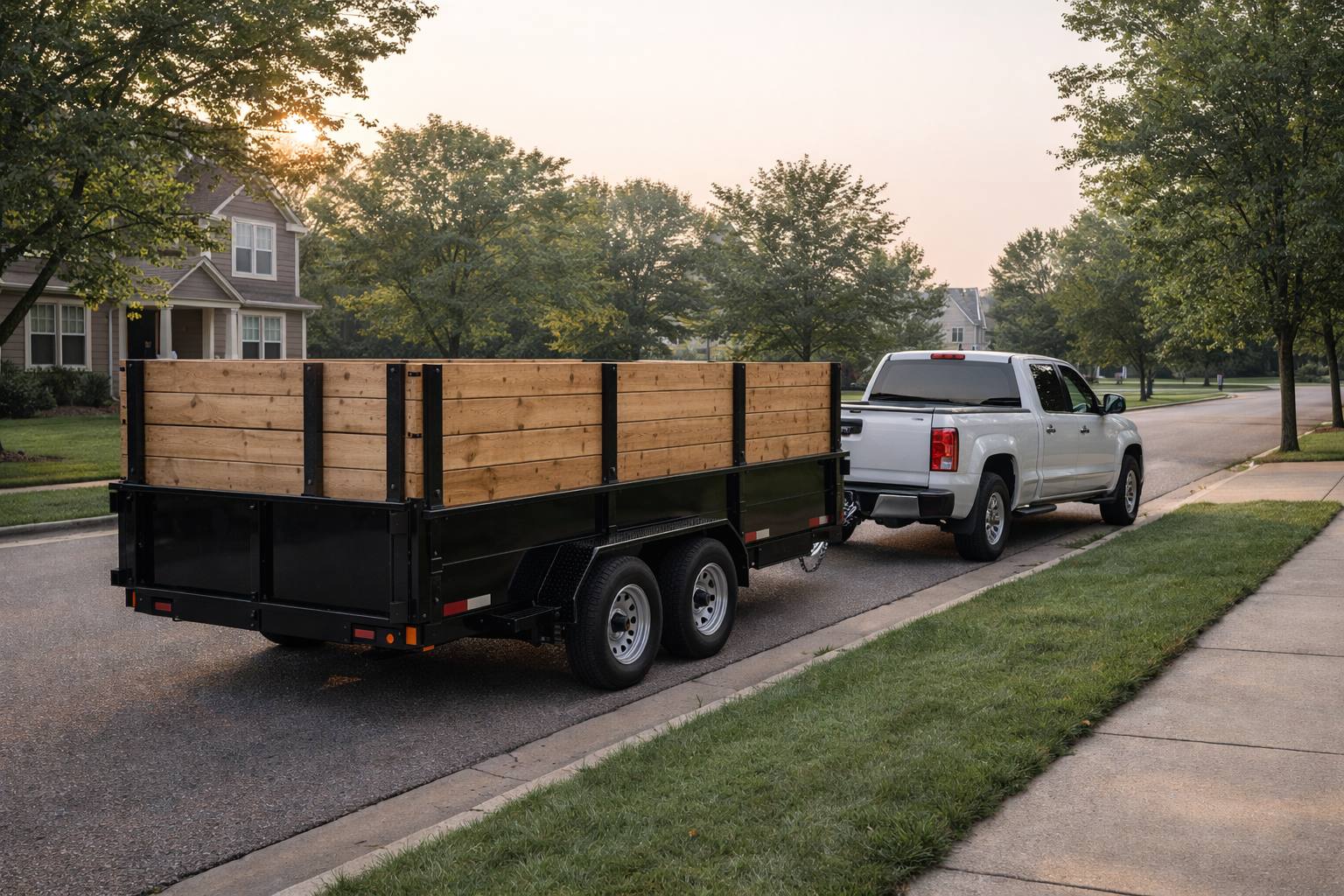 Dumpster trailer delivery in Rockford MI with high-capacity wood wall trailer
