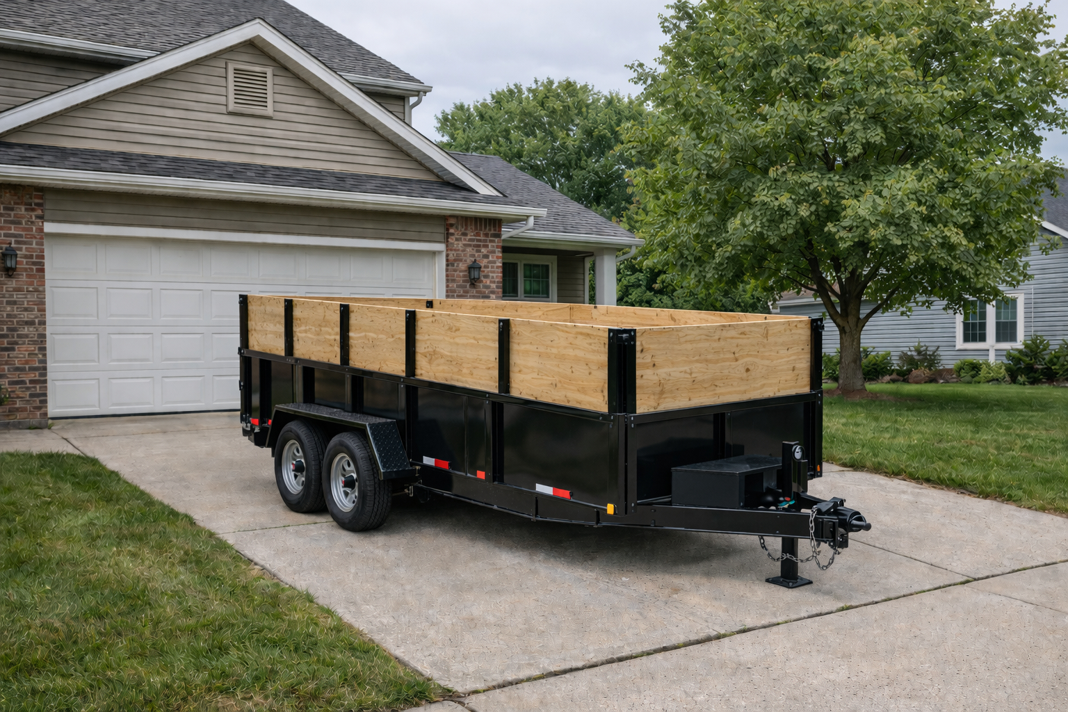 Dumpster rental in Grand Rapids MI with driveway-safe trailer and tall wood walls