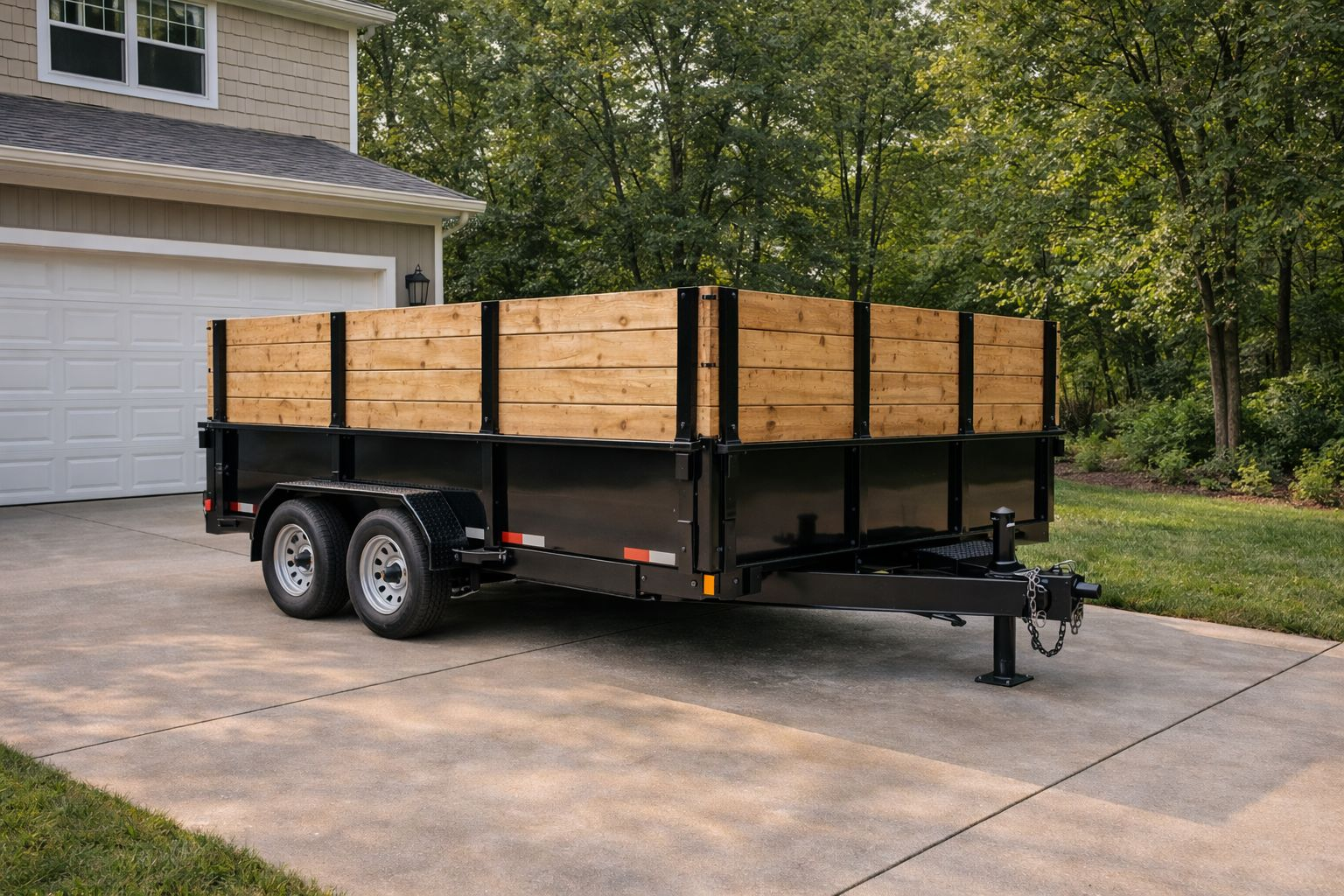 Driveway-safe dumpster rental trailer in Greenville MI with tall wood walls