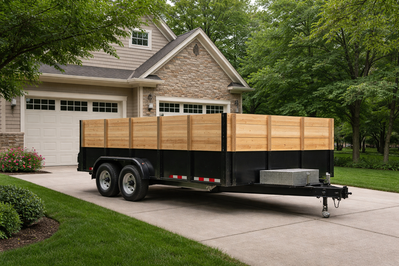 Driveway-safe dumpster rental trailer in Lowell MI with tall wood walls