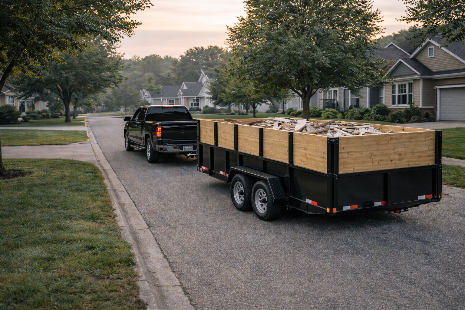 Dumpster trailer delivery in Grand Rapids MI with high-capacity wood-wall trailer