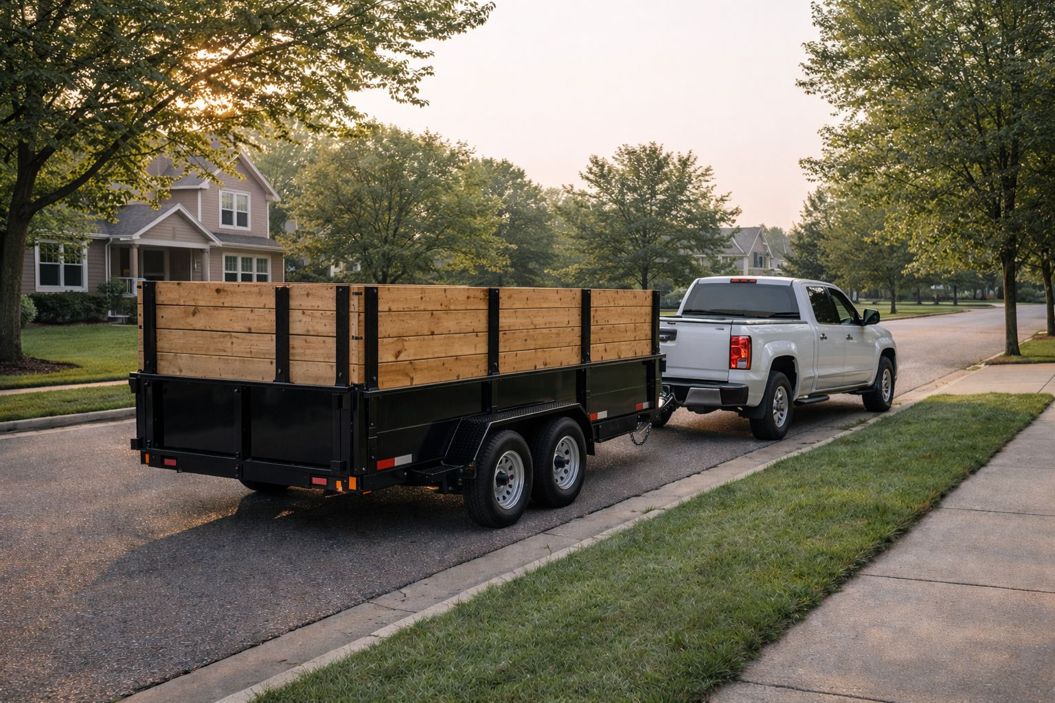 Dumpster trailer delivery in Greenville MI with high-capacity wood wall trailer