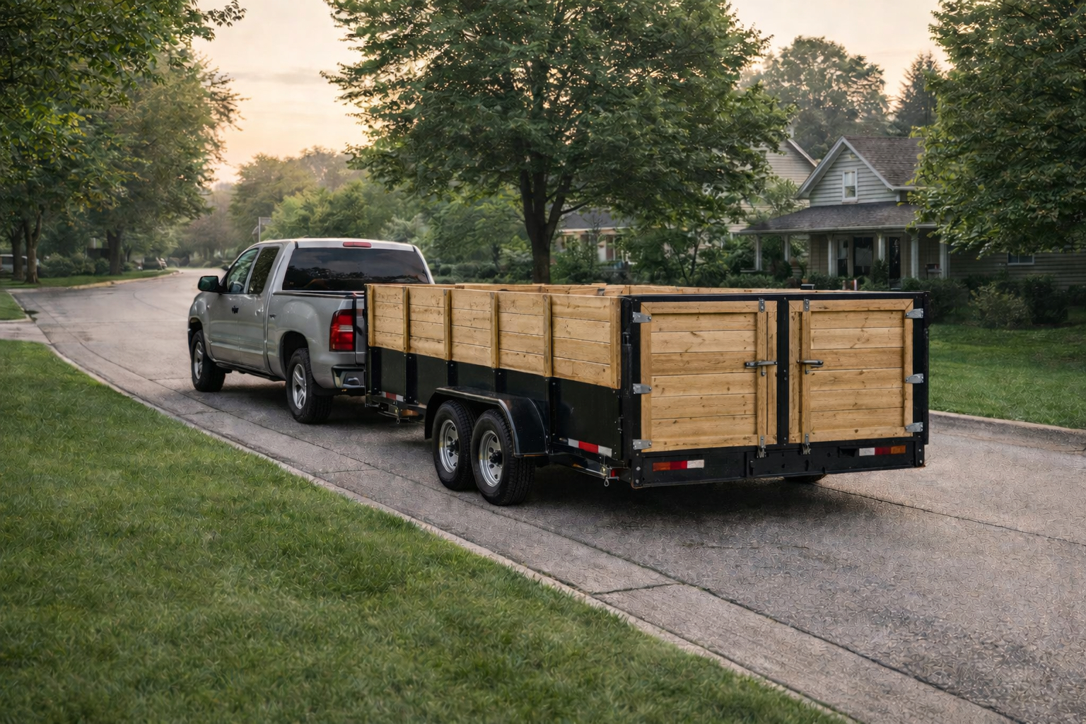 Dumpster trailer delivery in Lowell MI with high-capacity wood wall trailer