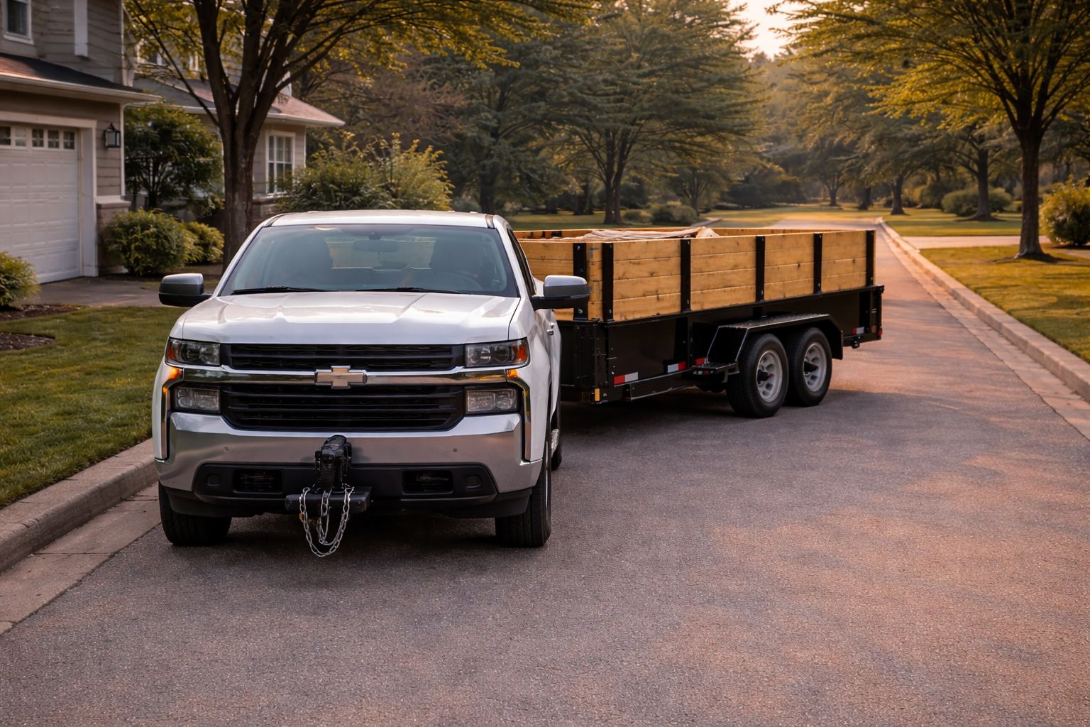 Dumpster trailer delivery in Kentwood MI with truck and visible hitch