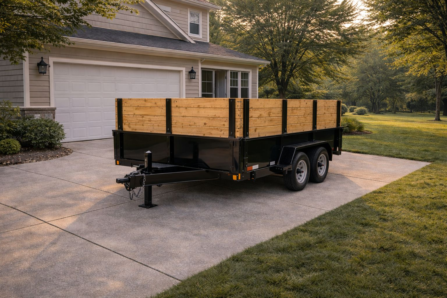 Driveway-safe dumpster rental trailer in Ada MI with tall wood walls
