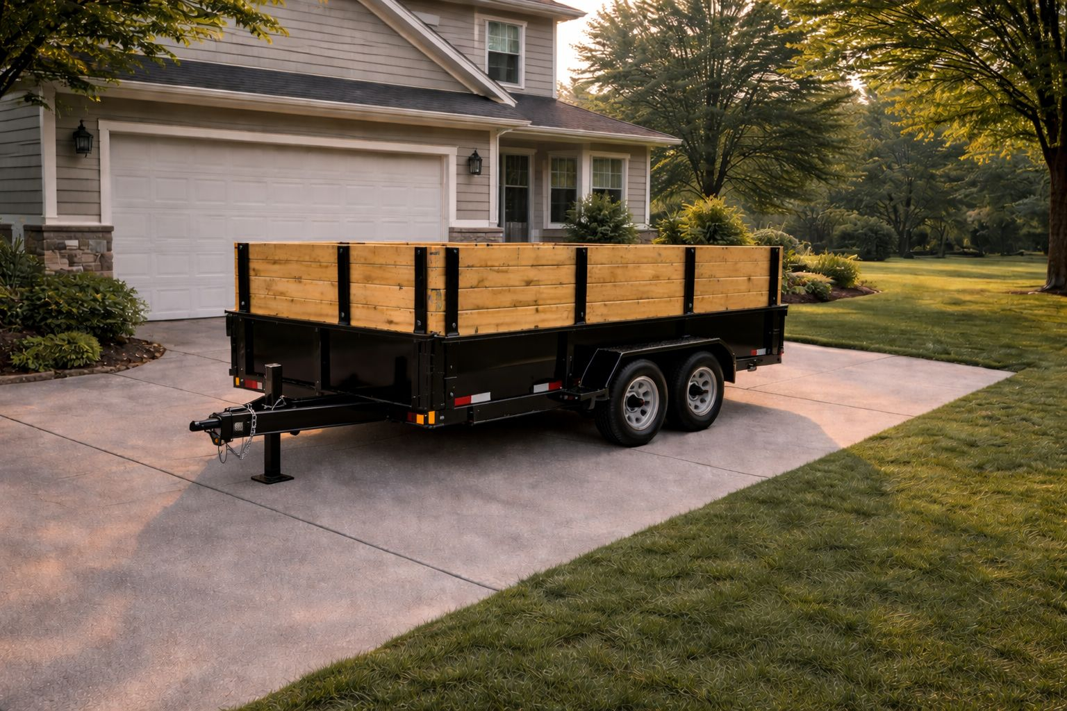 Driveway-safe dumpster rental trailer in Comstock Park MI with tall wood walls