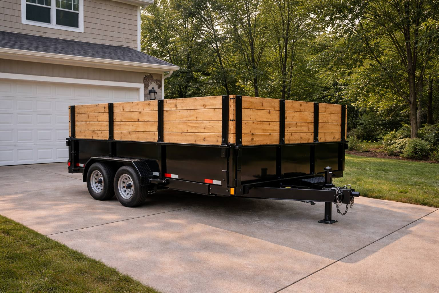 Driveway-safe dumpster rental trailer in Ionia MI with tall wood walls
