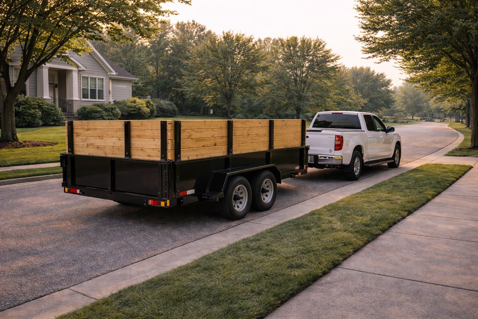 Dumpster trailer delivery in Ada MI with high-capacity wood wall trailer