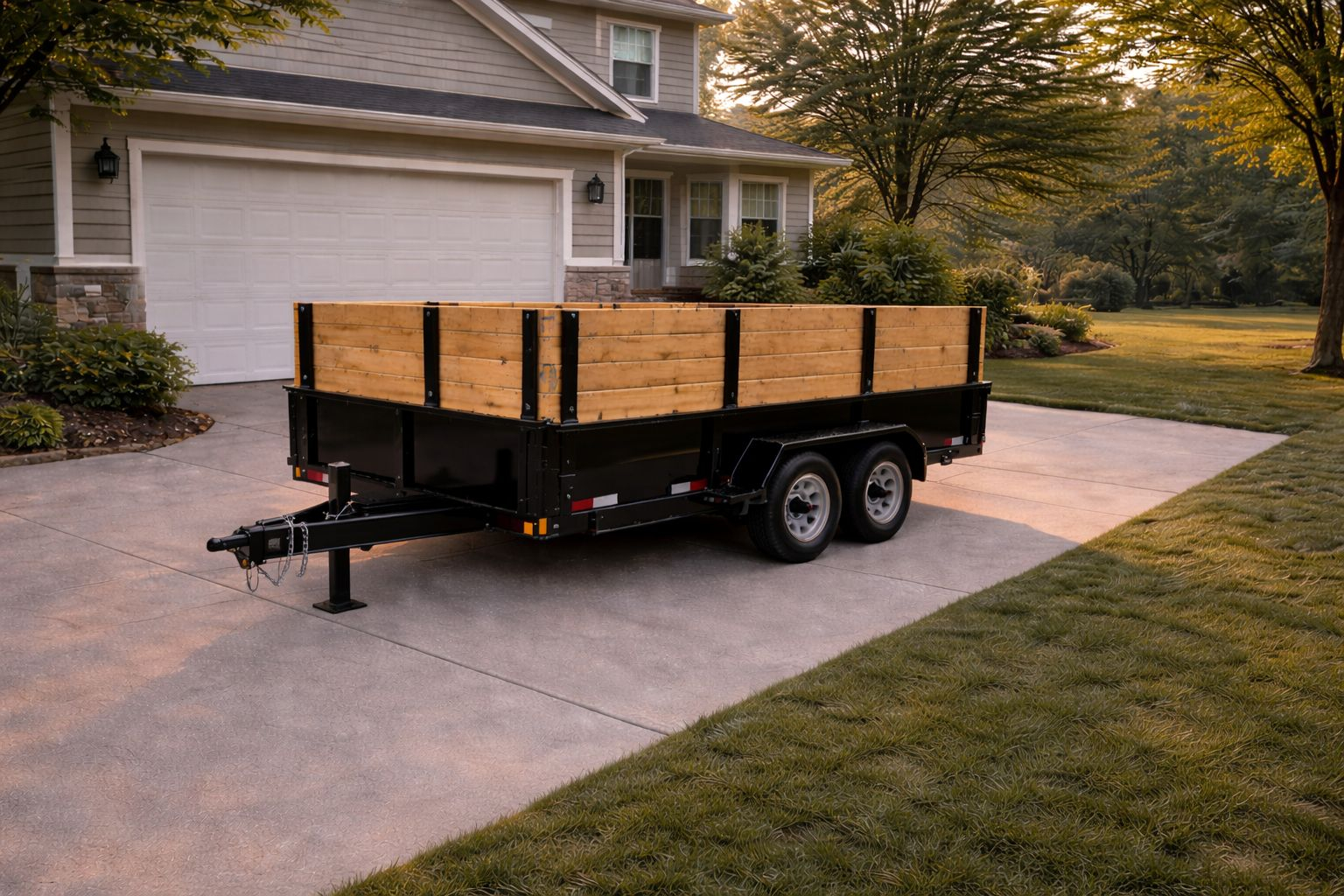 Driveway-safe dumpster rental trailer in Kentwood MI with visible hitch and tall wood walls