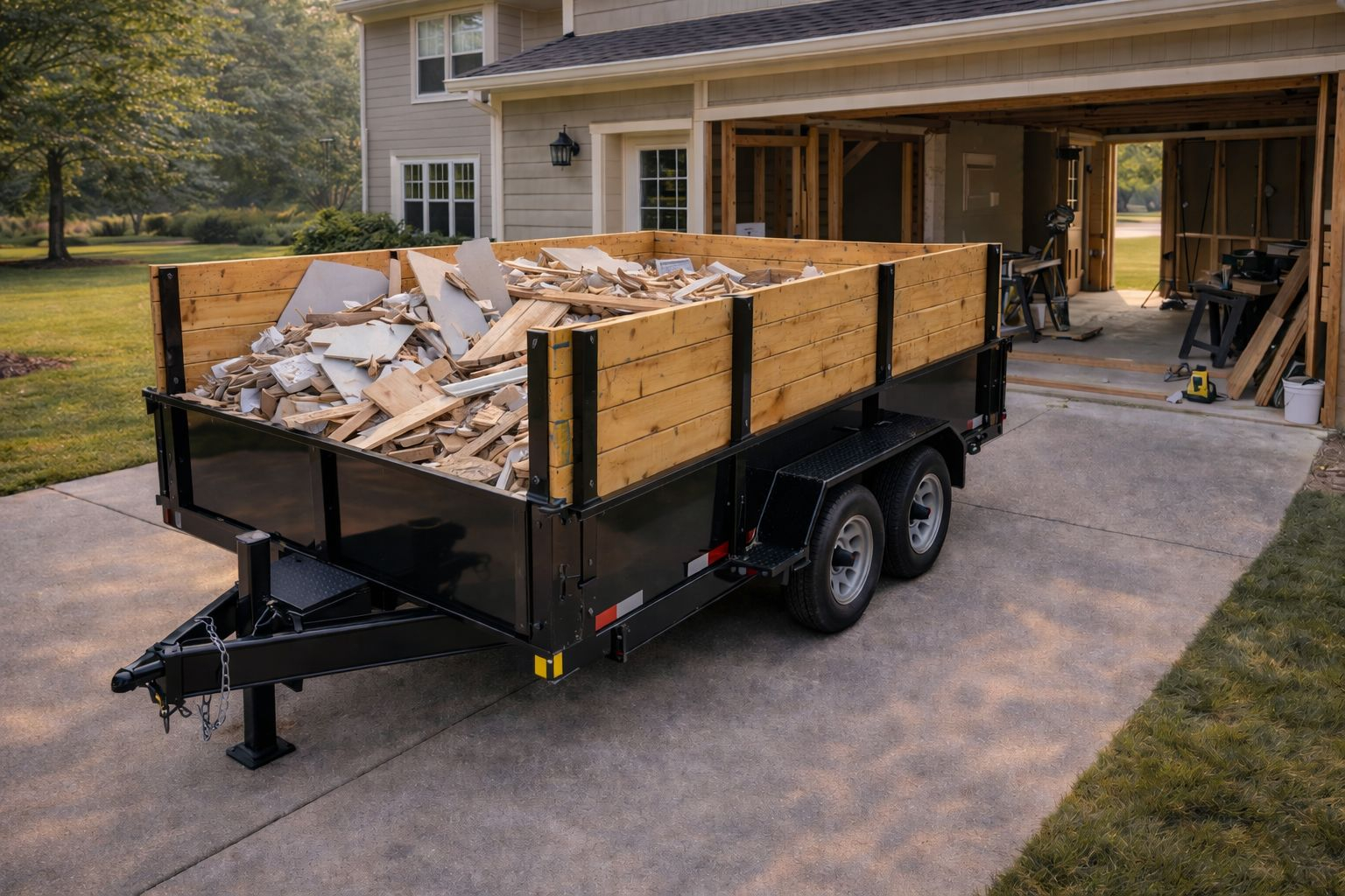 Dumpster rental in Kentwood MI with high-capacity trailer and visible hitch for renovation debris